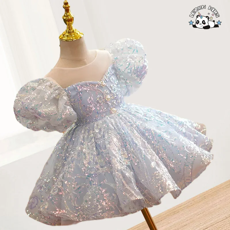 LEZONKIDS - Blue Sequin Girl's Dress Printed Tulle Crystal Bow Decorations Casual O-Neck Princess Style Performance Kids Skirt